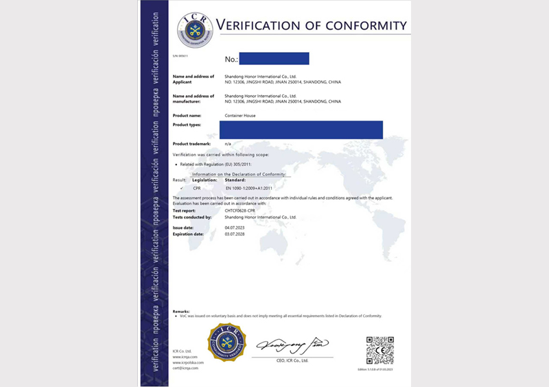 CE CERTIFICATE OF CONTAINER HOUSE